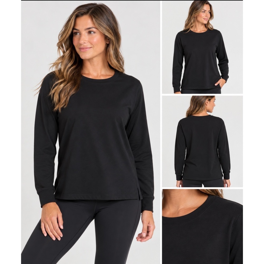 Athleta Womens Black Mixed Media Long Sleeve Crew Neck Top 1X Relaxed Fit